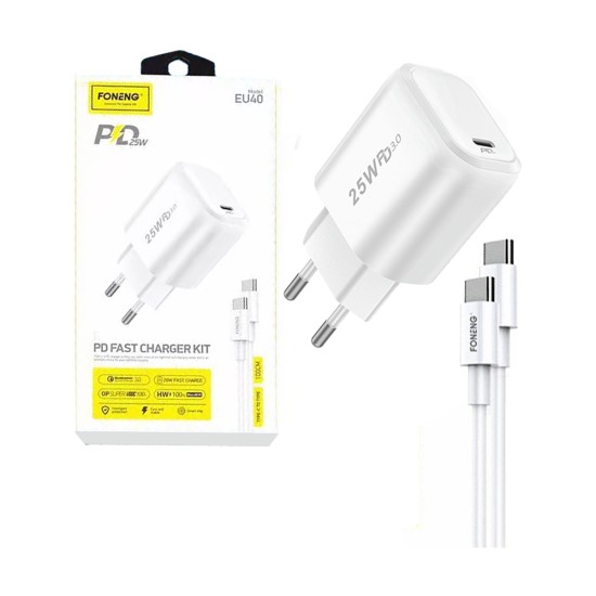 Foneng Fast Charger Adaptor EU40 with Type-C to Type-C Cable PD 25W White